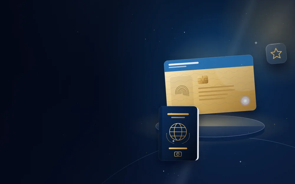 Glowing gold long-term residence card with a passport
