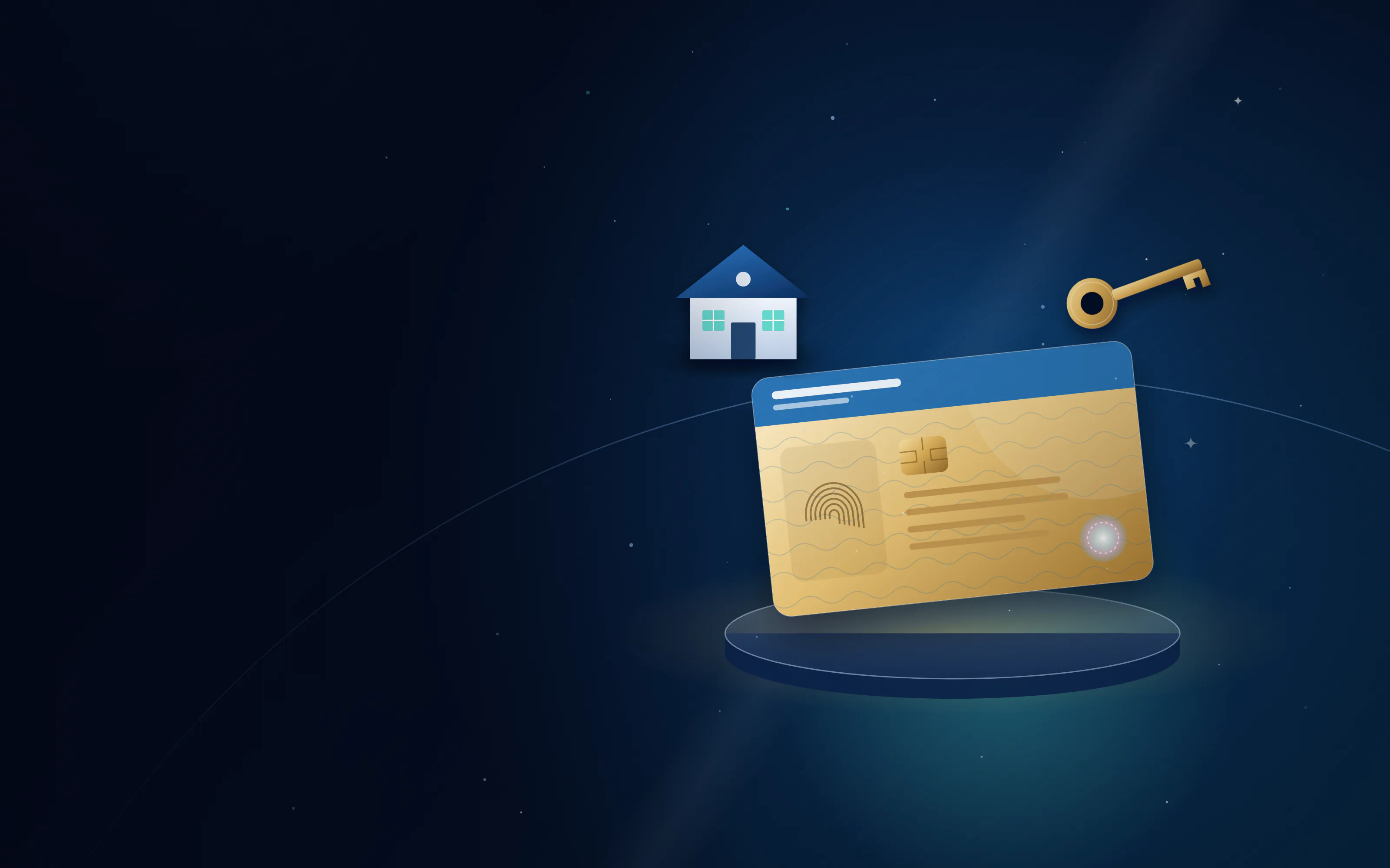 Gold long-term residence card on a display stand with a golden key and a home