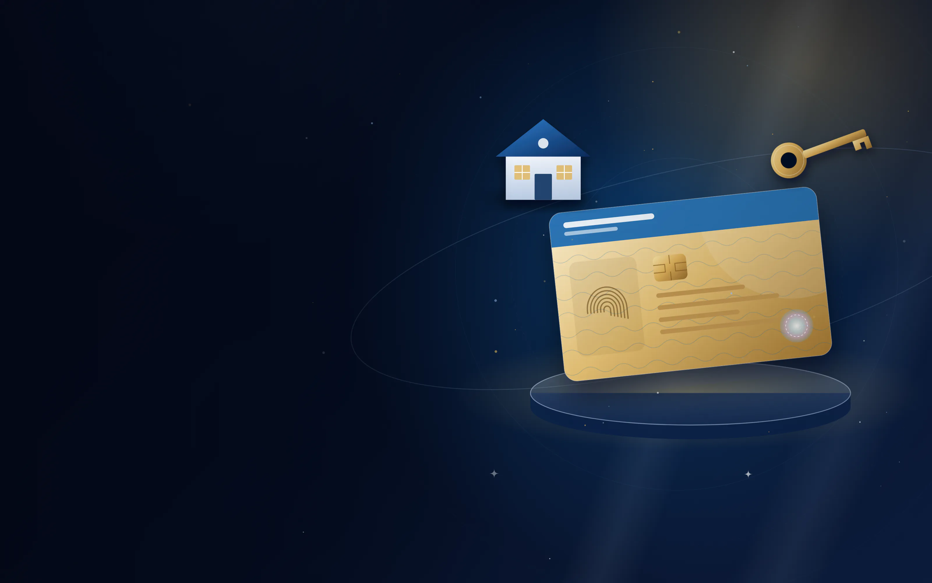 Gold long-term residence card on a display stand with a golden key and a home