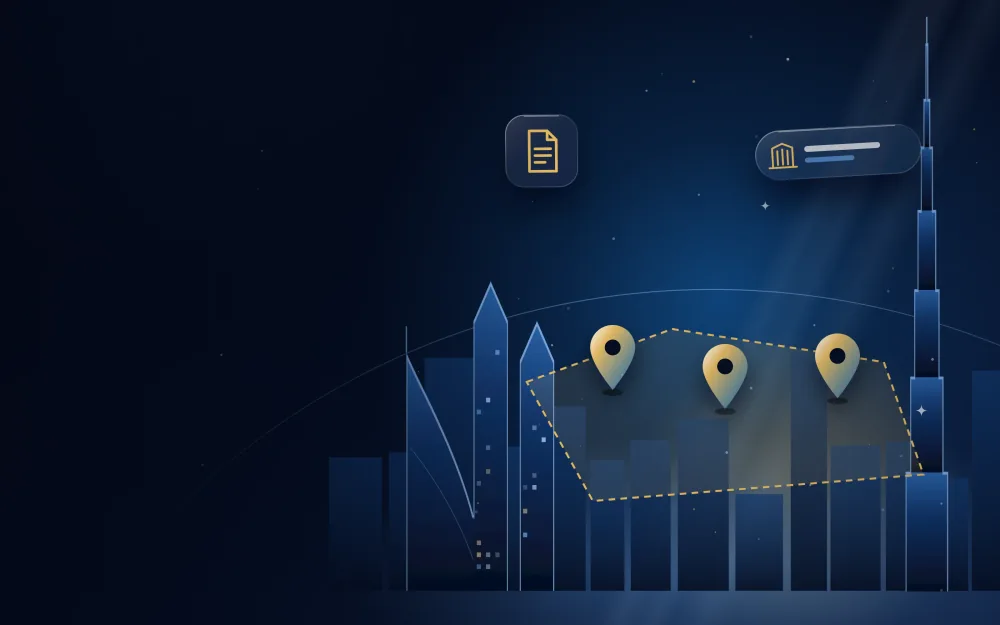 Free zone area outlined over a city skyline with location pins and a licence card