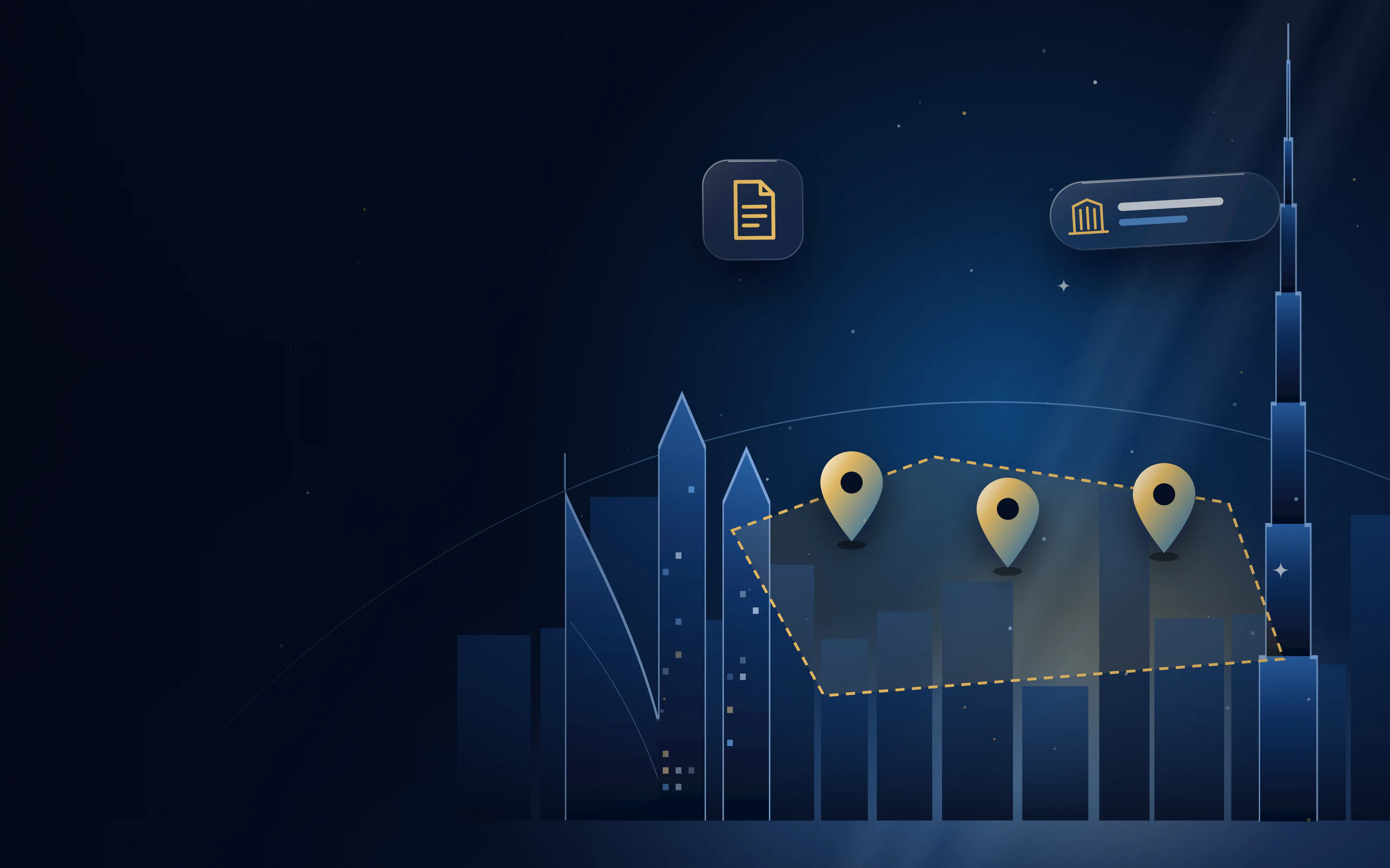 Free zone area outlined over a city skyline with location pins and a licence card