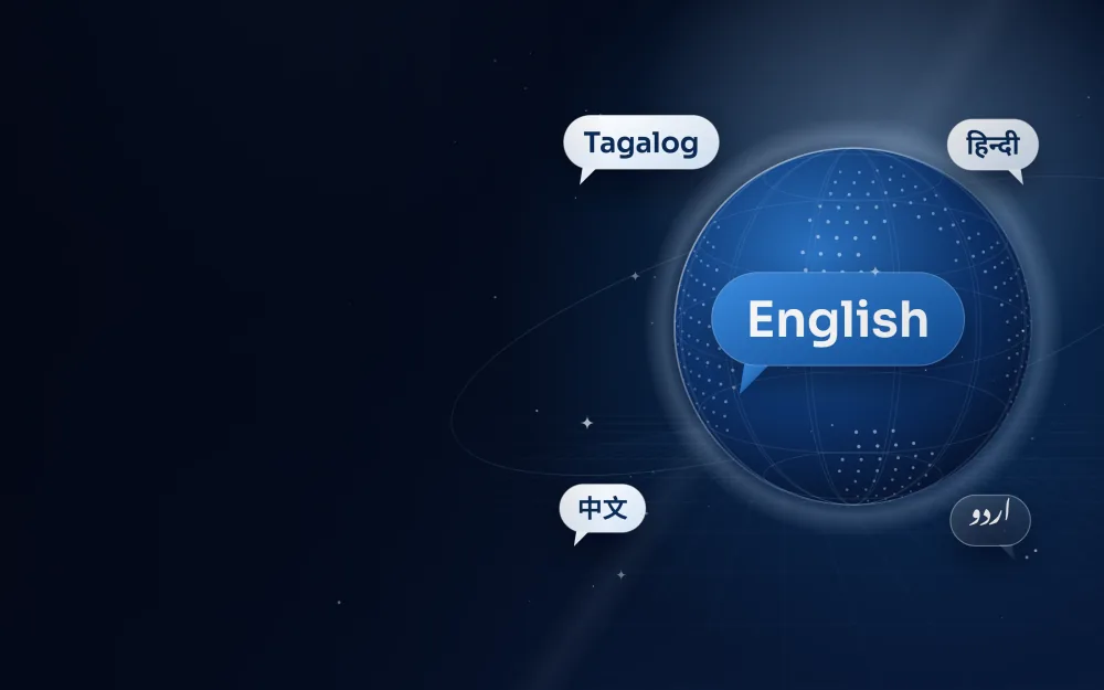 فقاعة حوار بالإنجليزية حول كرة أرضية تحيط بها نماذج باللغات التاغالوغية، الهندية، الصينية، الأردية