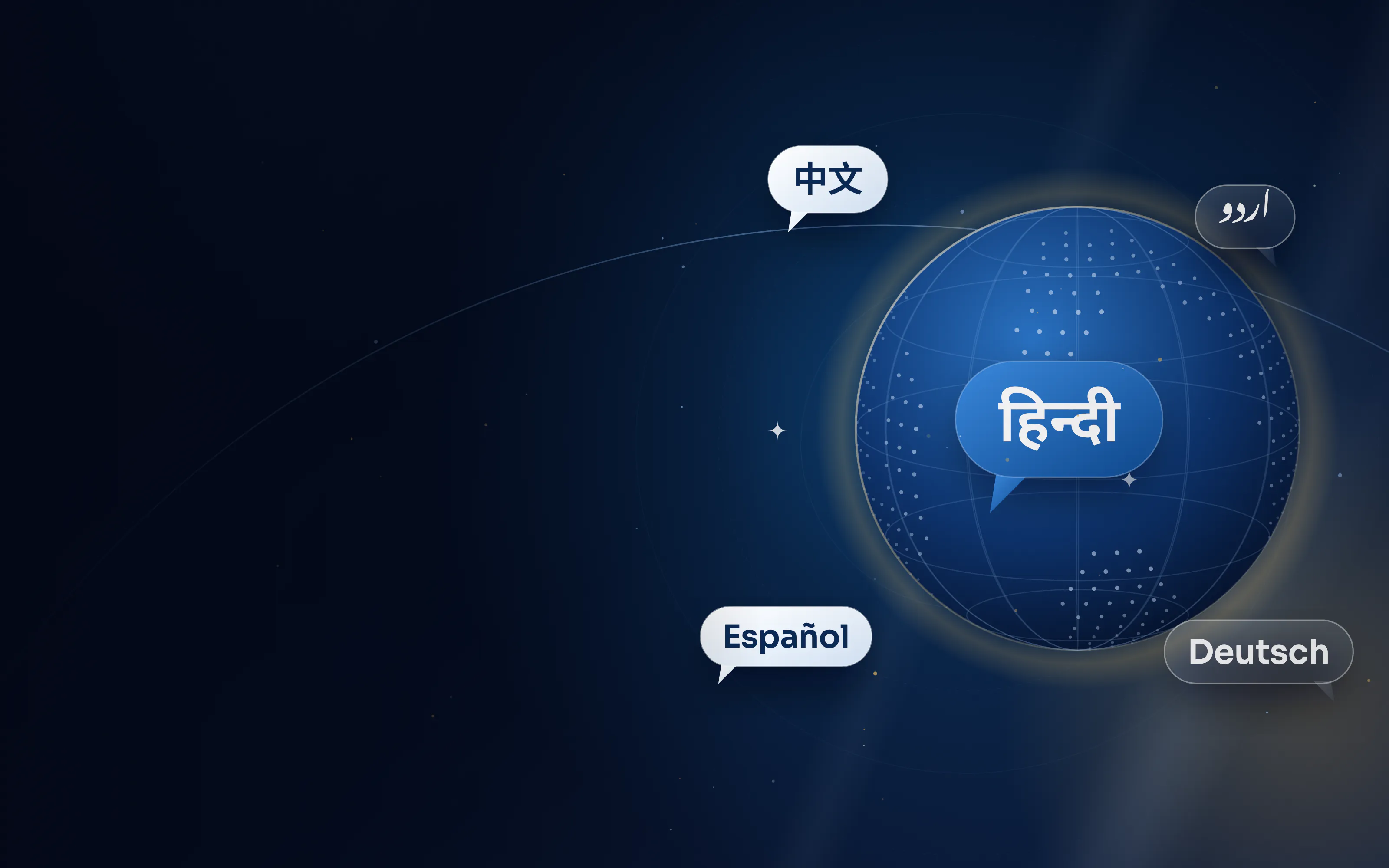 Hindi speech bubble around a globe, surrounded by Chinese, Urdu, Spanish, German language samples