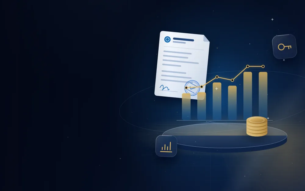 مخطط استثمار صاعد مع عملات ذهبية ومستندات إقامة