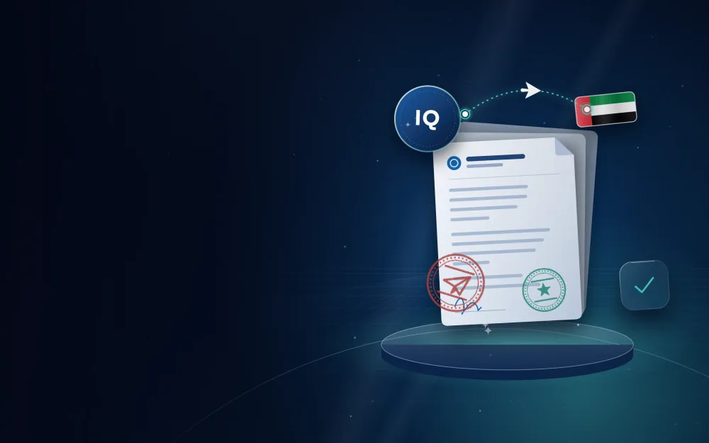 مستندات مختومة مع شارة العراق وعلم الإمارات ومسار رحلة بينهما