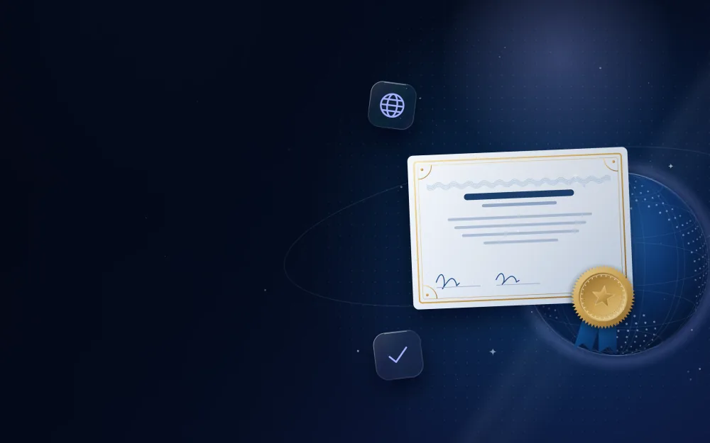Certificate with a gold apostille seal and ribbon in front of a globe