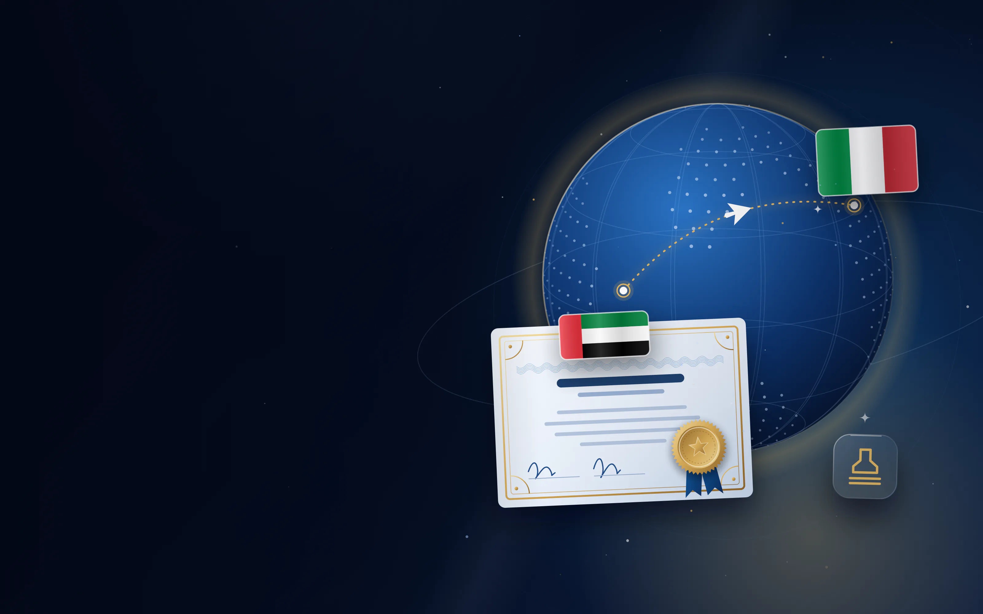 Globe with a route from Italy to the UAE, the flag of Italy and an attested certificate with a gold seal