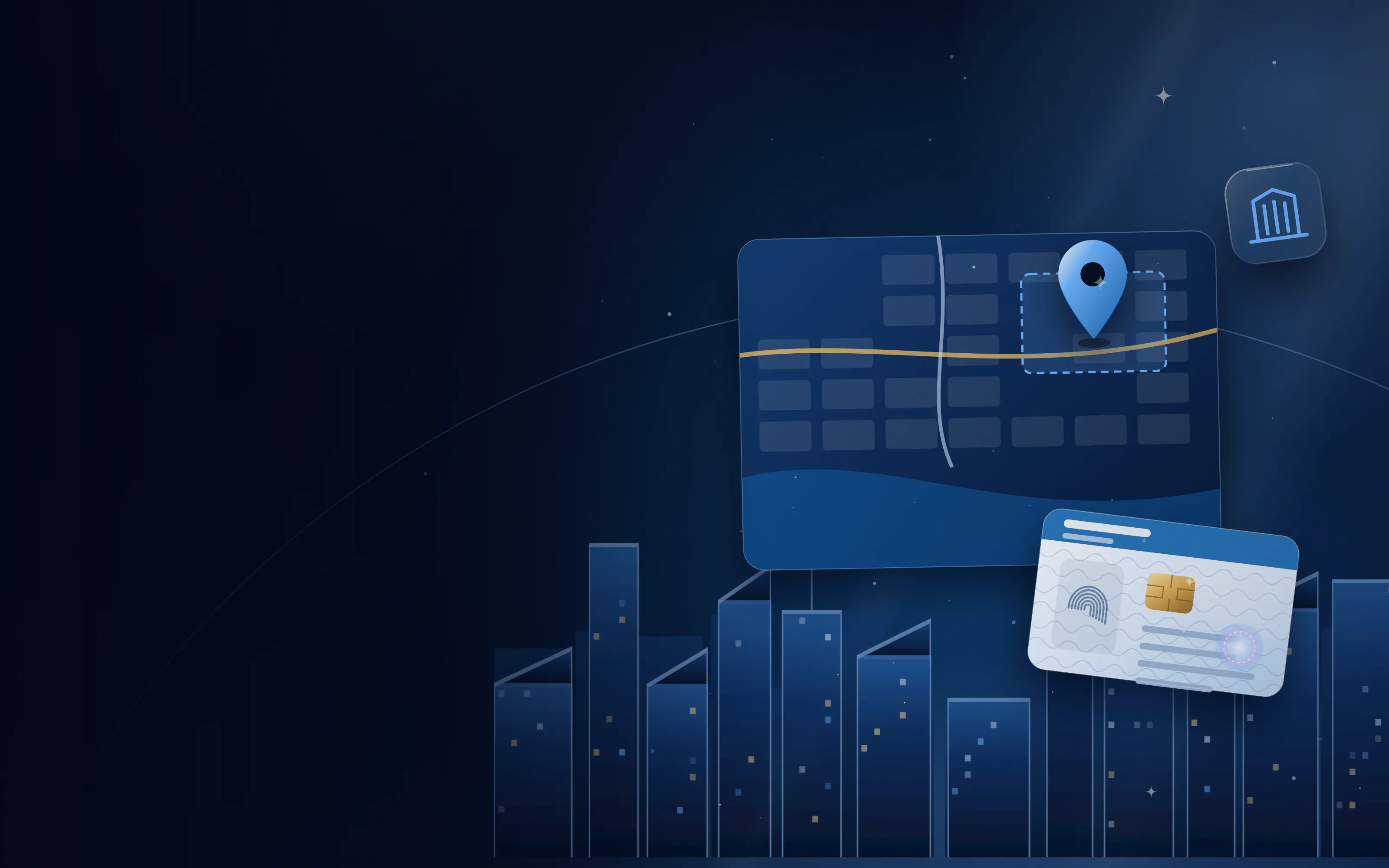 Stylised city map with a highlighted free zone plot, a location pin and a licence card