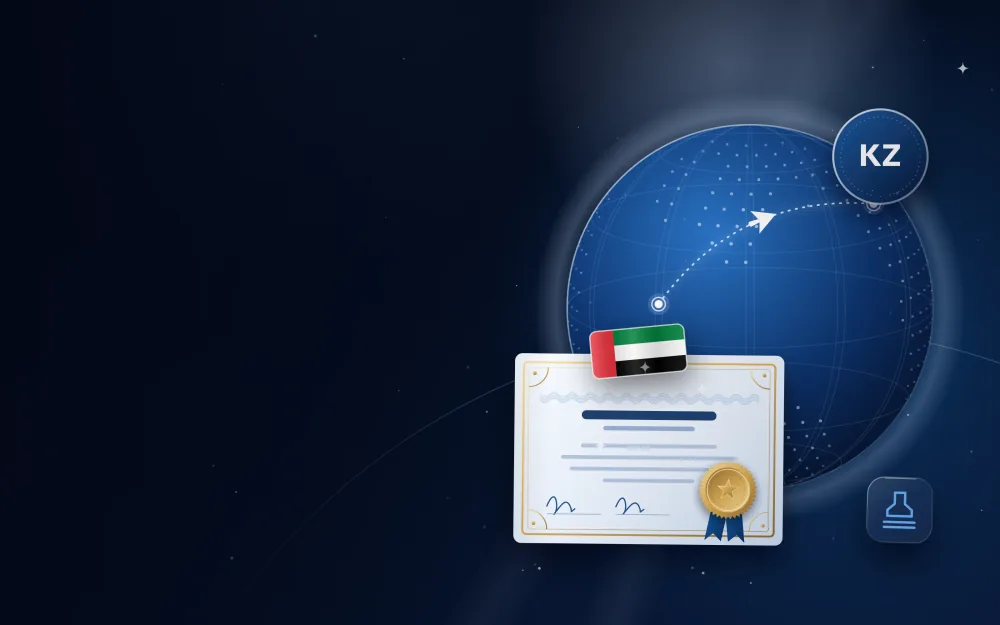 Globe with a route from Kazakhstan to the UAE, a KZ badge for Kazakhstan and an attested certificate with a gold seal