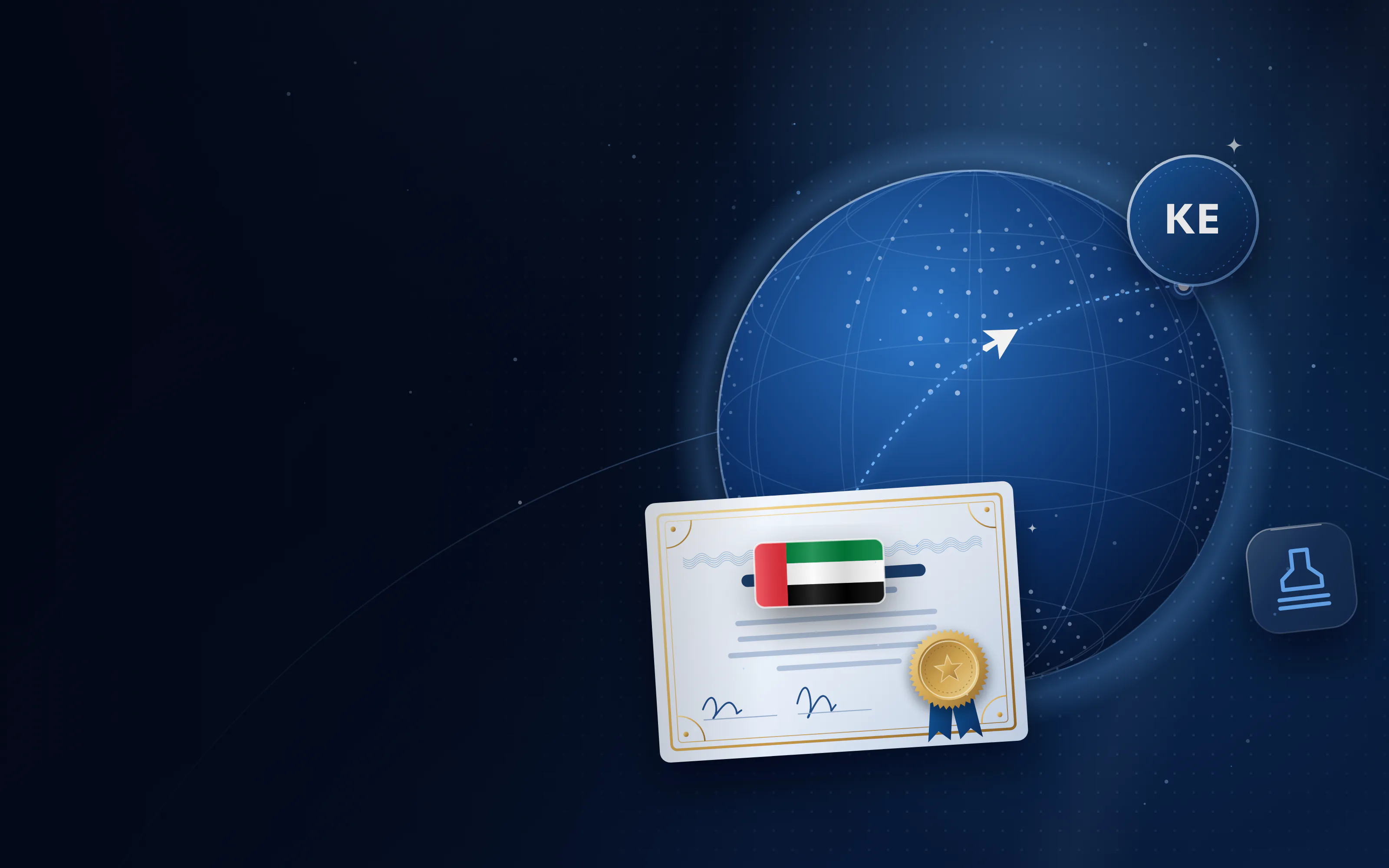 Globe with a route from Kenya to the UAE, a KE badge for Kenya and an attested certificate with a gold seal
