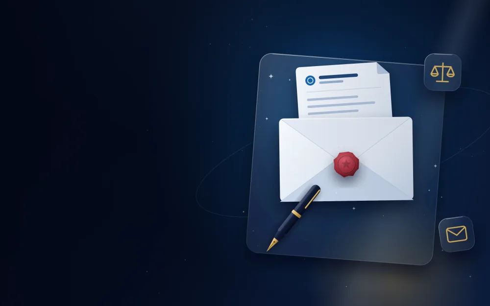 Legal notice letter in an envelope sealed with red wax, with a fountain pen