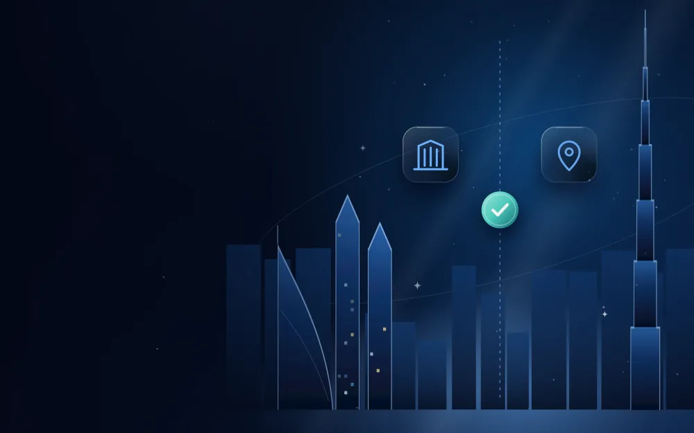 Two business options side by side, mainland and free zone, over a city skyline