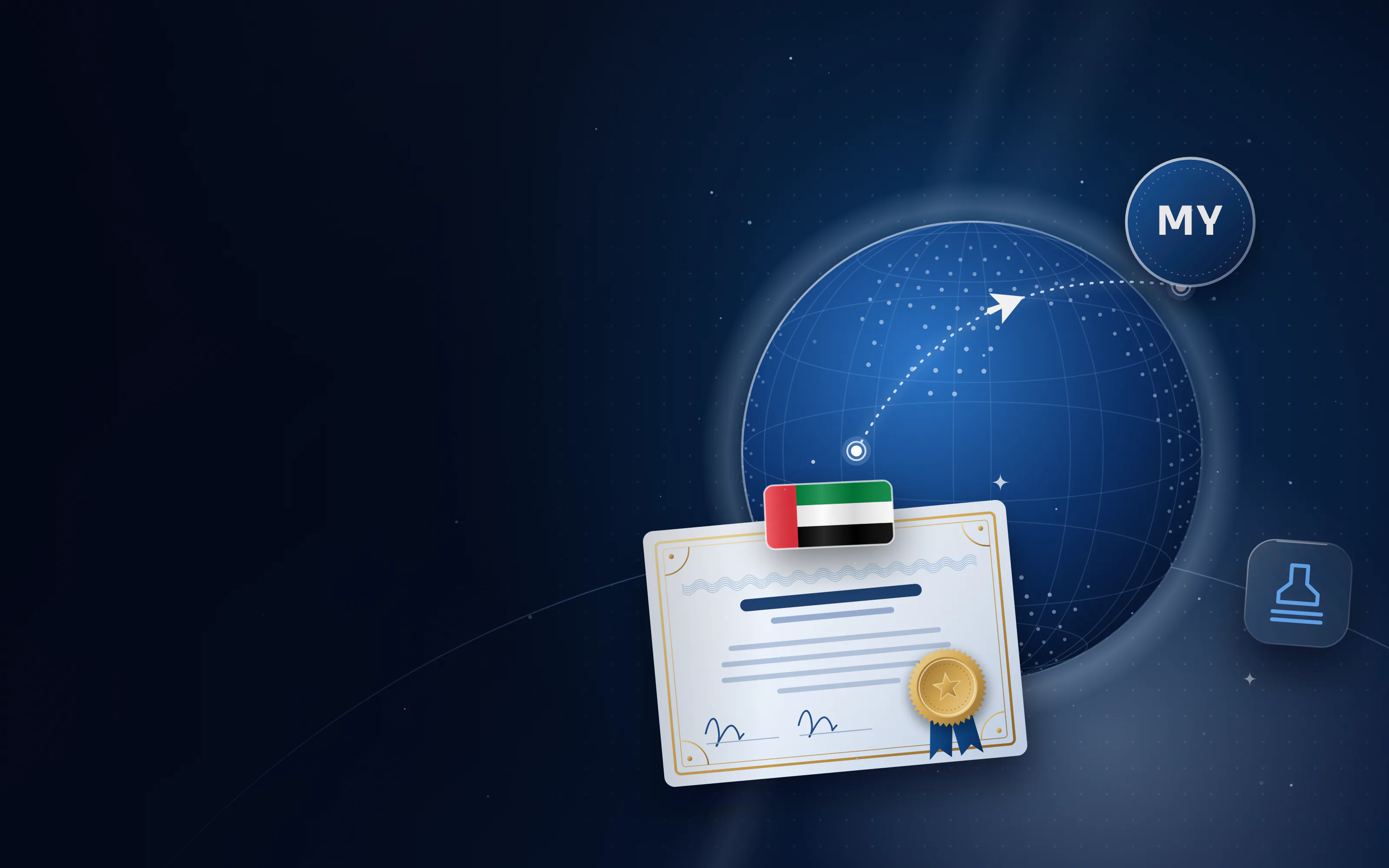 Globe with a route from Malaysia to the UAE, a MY badge for Malaysia and an attested certificate with a gold seal