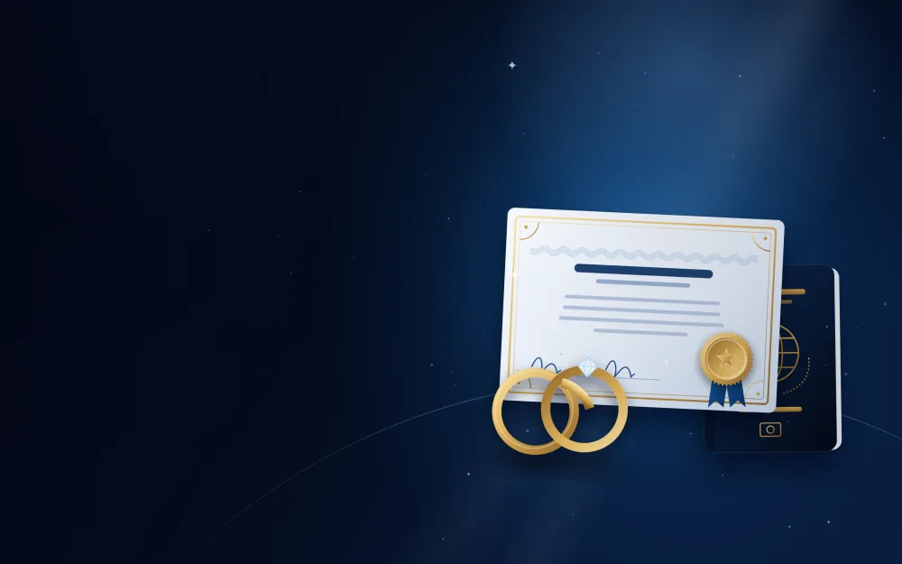 Marriage certificate with two gold wedding rings and a passport for a UAE family visa