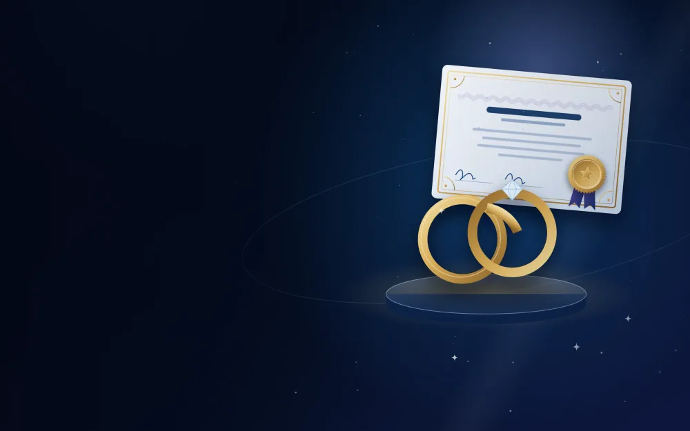 Two gold wedding rings on a display stand in front of a marriage certificate