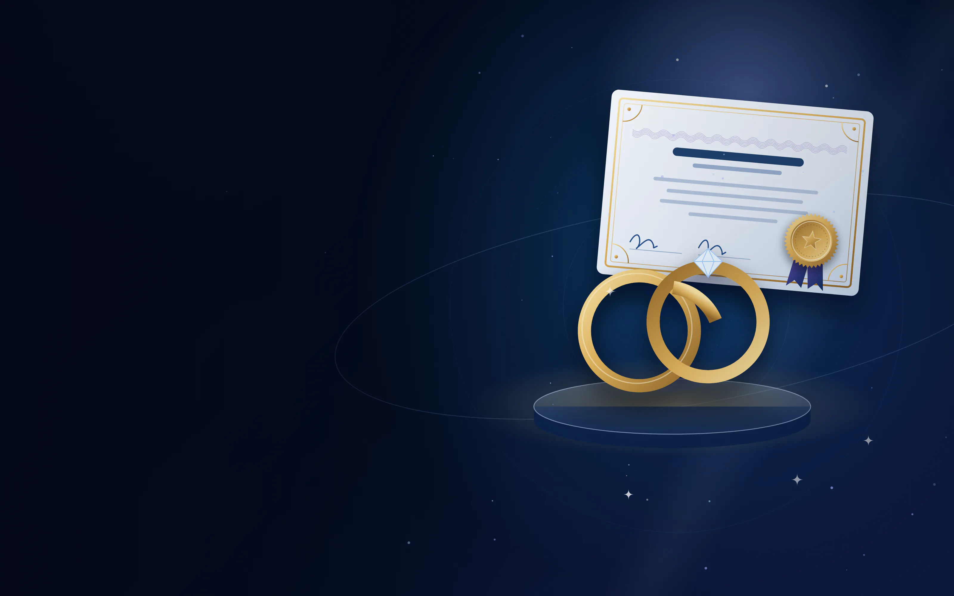 Two gold wedding rings on a display stand in front of a marriage certificate