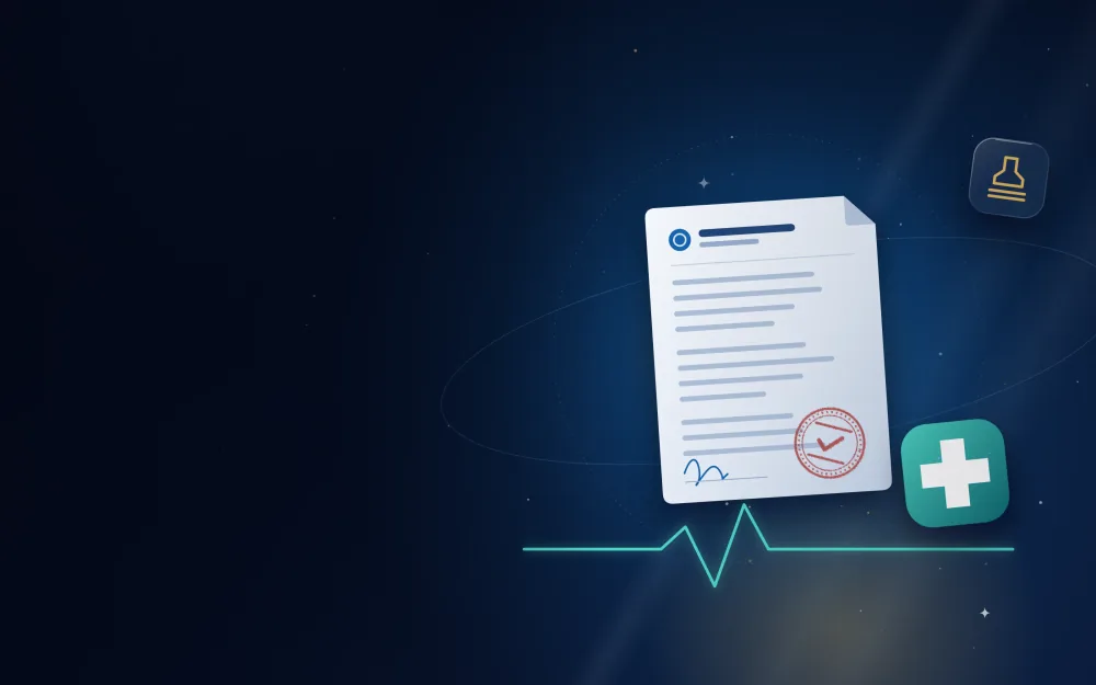 Attested medical certificate with a healthcare cross, stamp and heartbeat line
