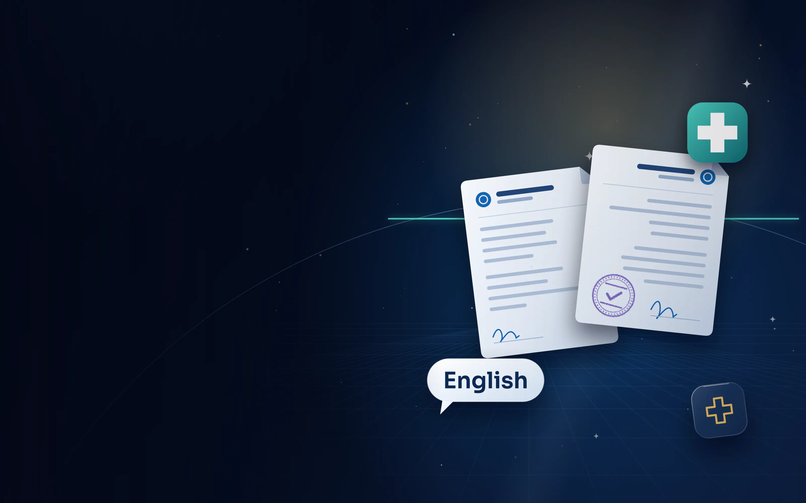 تقريران طبيان بالإنجليزية والعربية مع شعار الرعاية الصحية وخط نبض وفقاعة حوار بالإنجليزية
