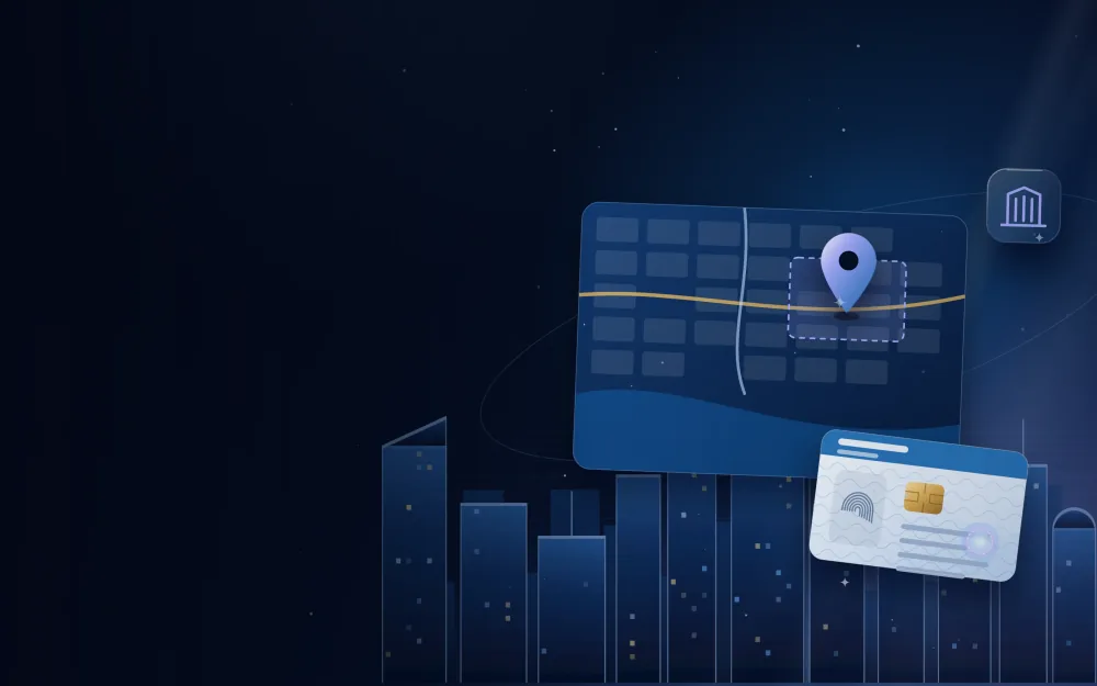 Stylised city map with a highlighted free zone plot, a location pin and a licence card