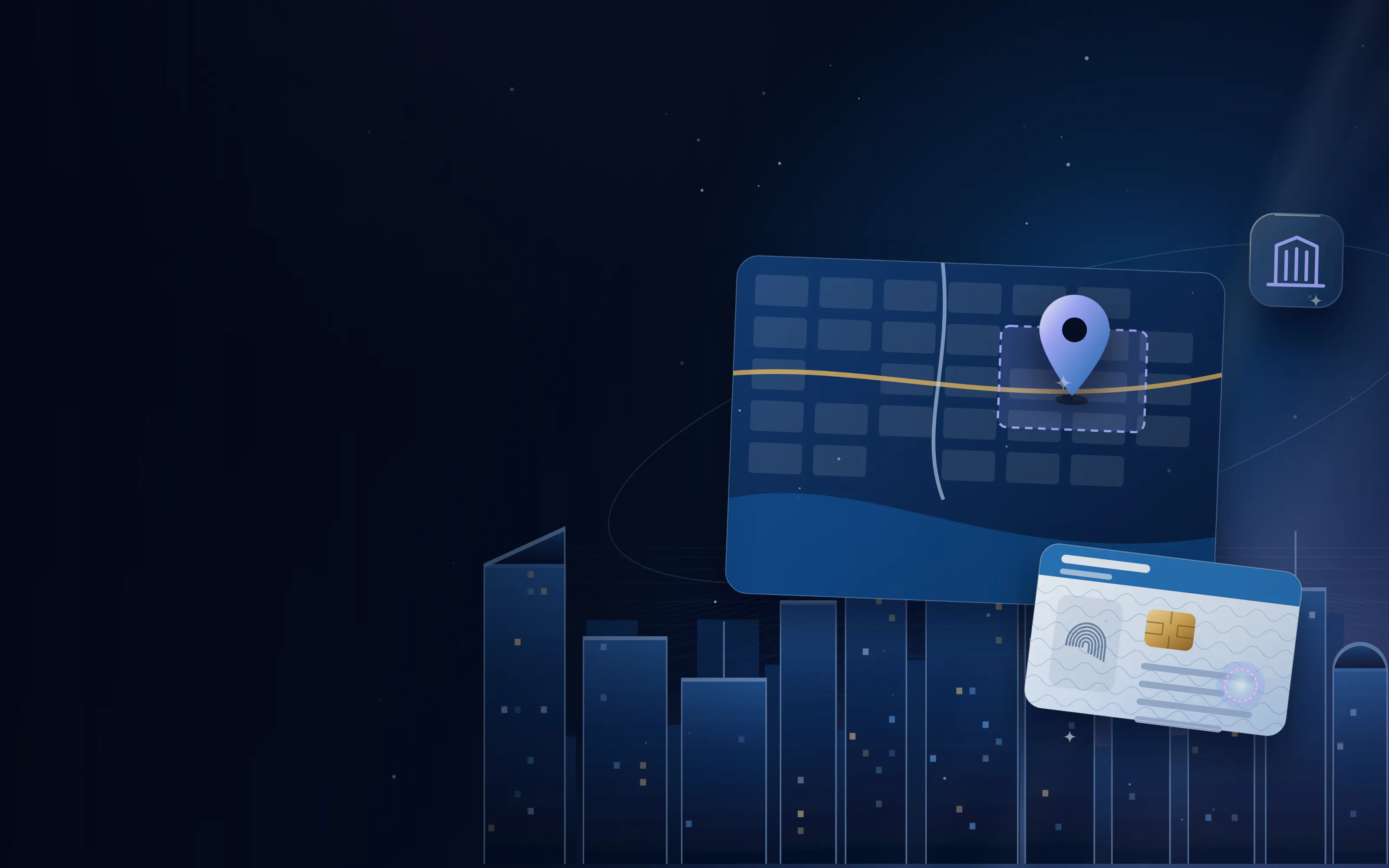 Stylised city map with a highlighted free zone plot, a location pin and a licence card