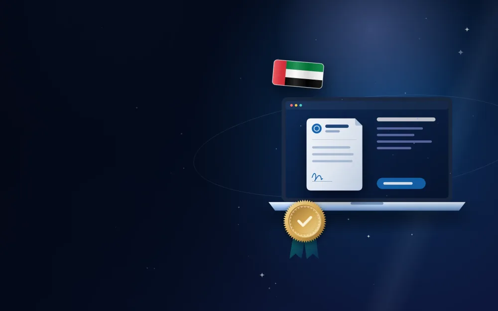 Laptop with an online attestation form, gold ministry seal and UAE flag badge