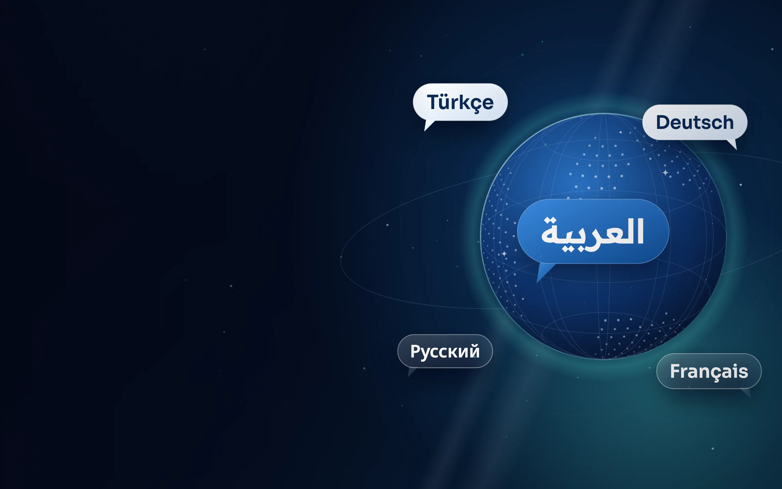 Arabic speech bubble around a globe, surrounded by Turkish, German, Russian, French language samples