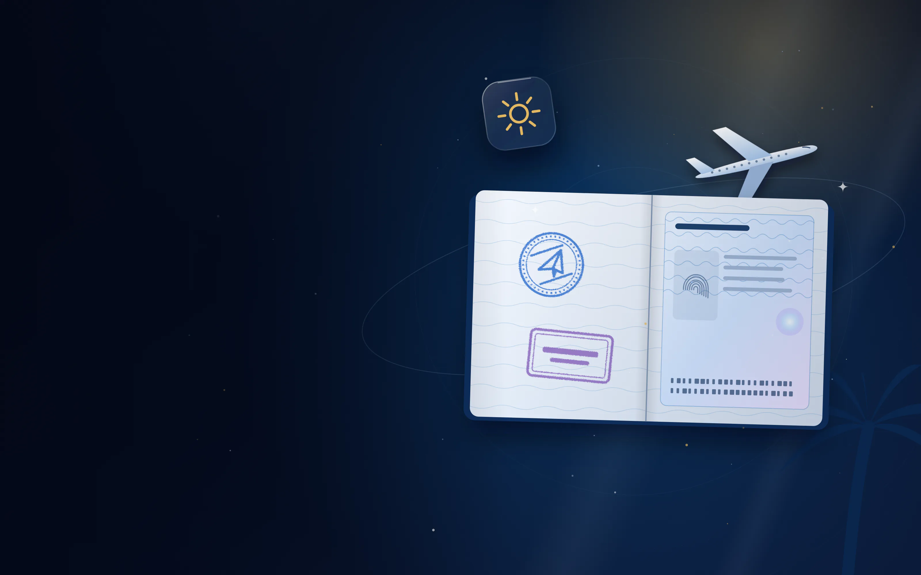 Open passport with a visa sticker and entry stamps, a plane and palm tree