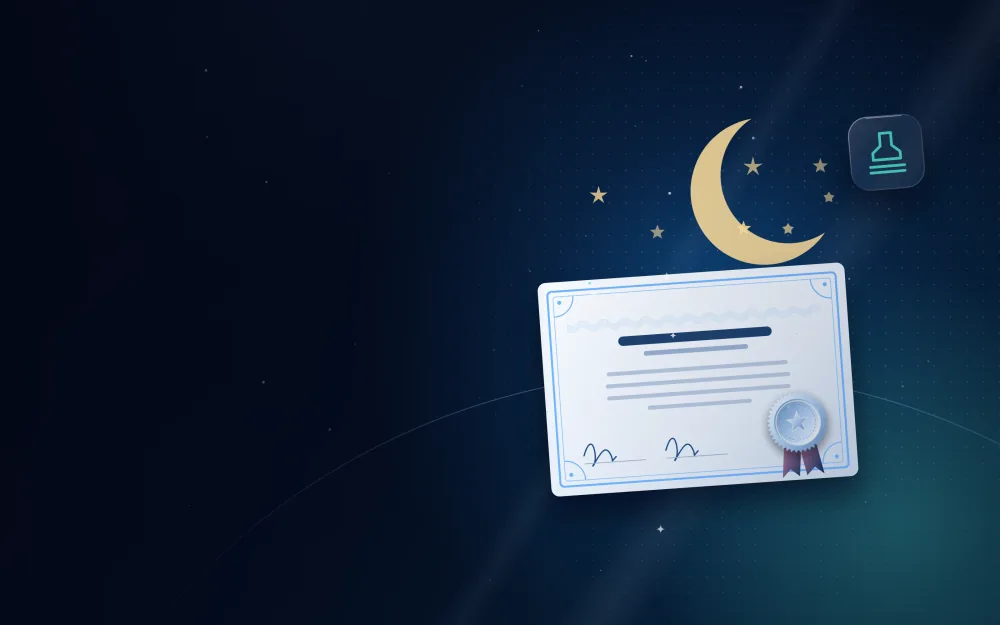 Birth certificate with a pink ribbon seal under a large crescent moon and stars