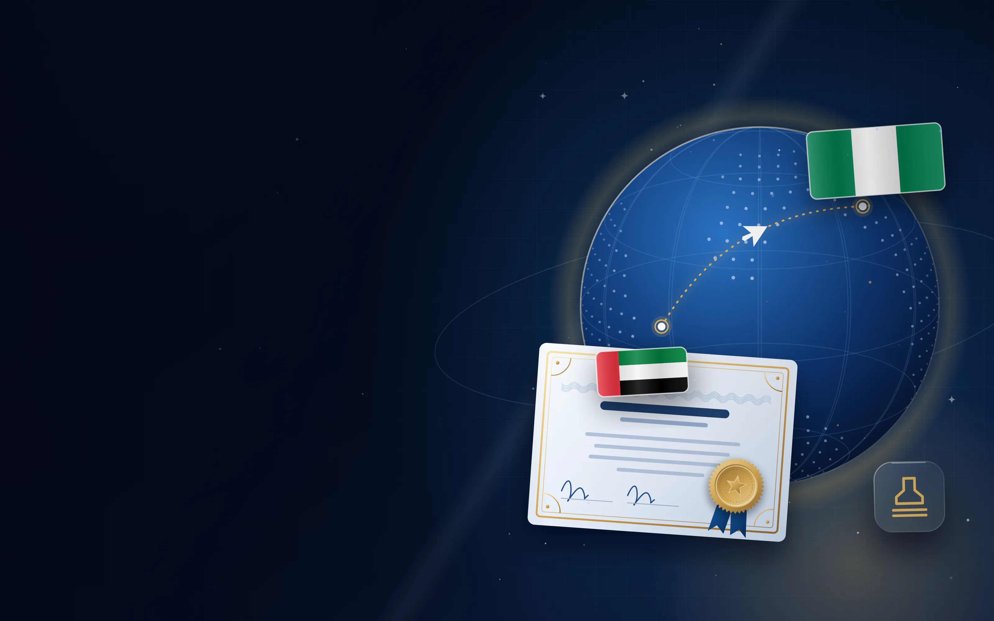Globe with a route from Nigeria to the UAE, the flag of Nigeria and an attested certificate with a gold seal