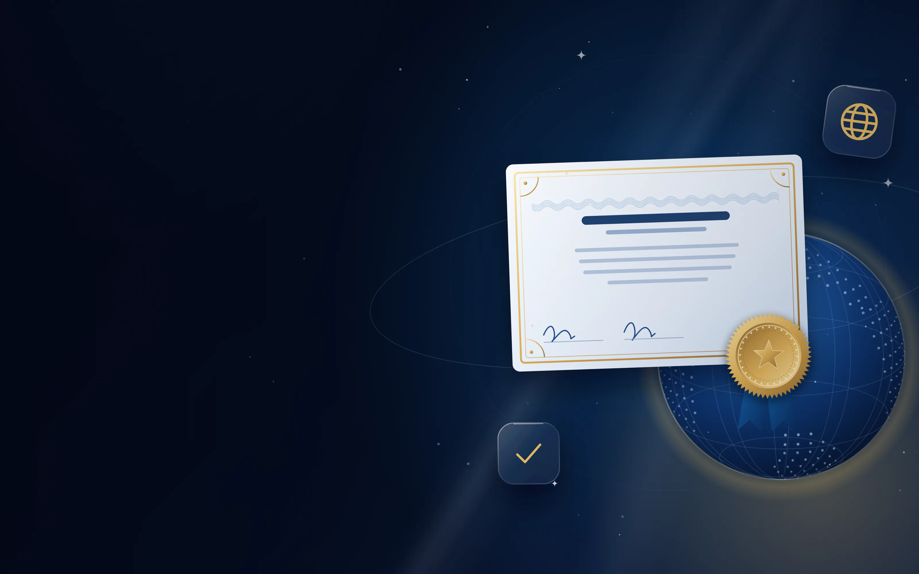 Certificate with a gold apostille seal and ribbon in front of a globe