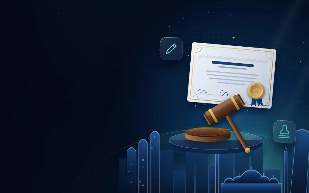 Wooden gavel on a display stand in front of a sealed certificate with the Abu Dhabi skyline