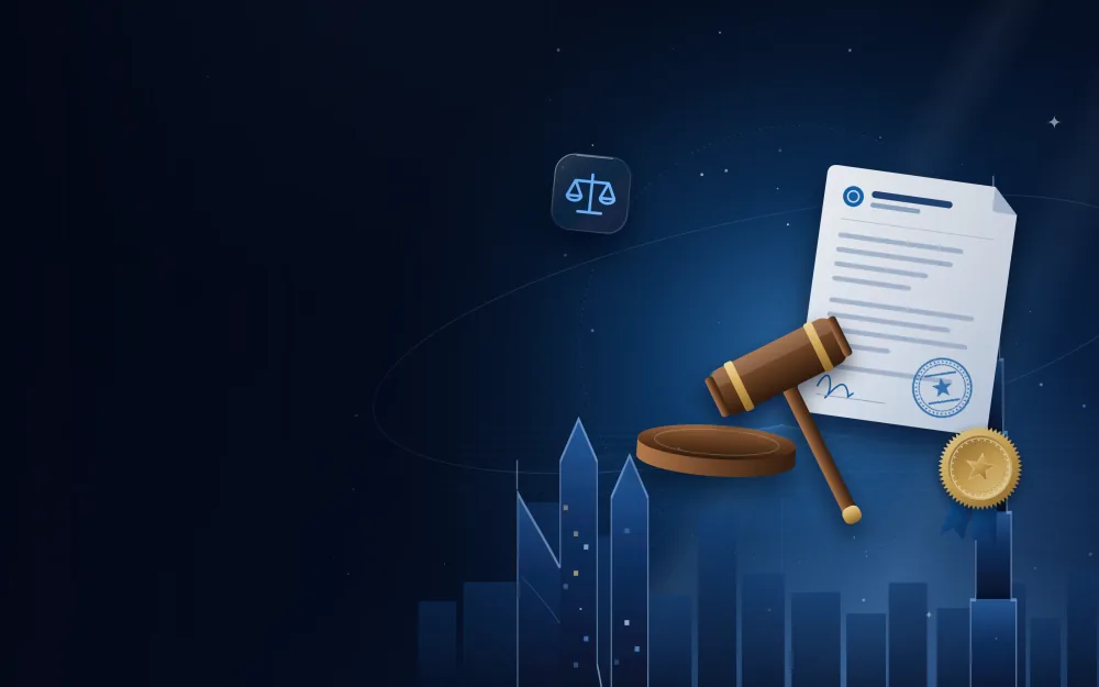 Wooden gavel, notarised document and gold notary seal with the Dubai skyline