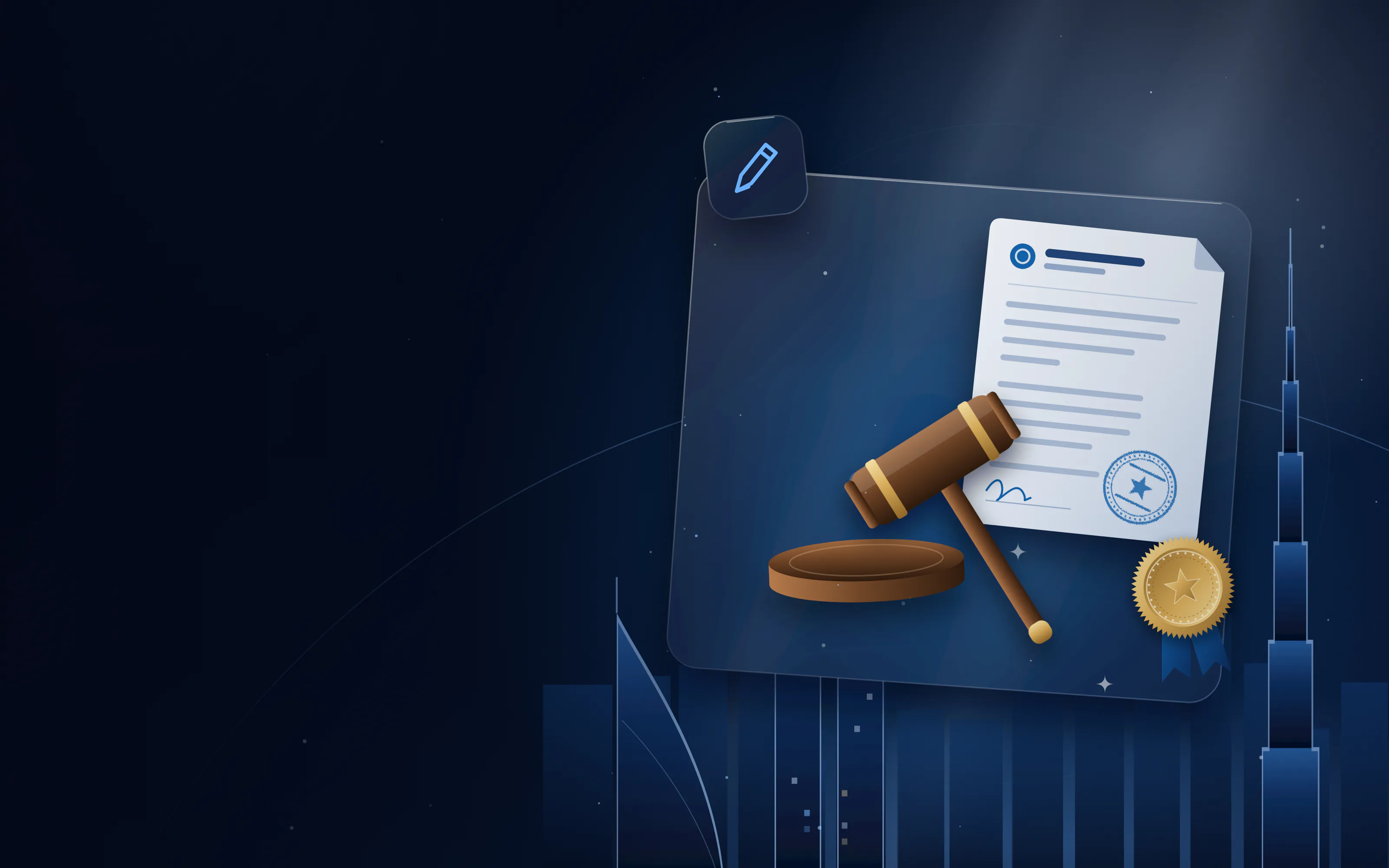 Wooden gavel, notarised document and gold notary seal with the Dubai skyline