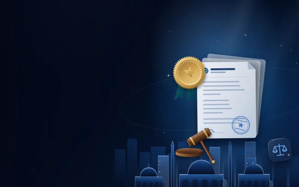 Stack of notarised documents with a large gold notary seal and gavel with the Sharjah skyline