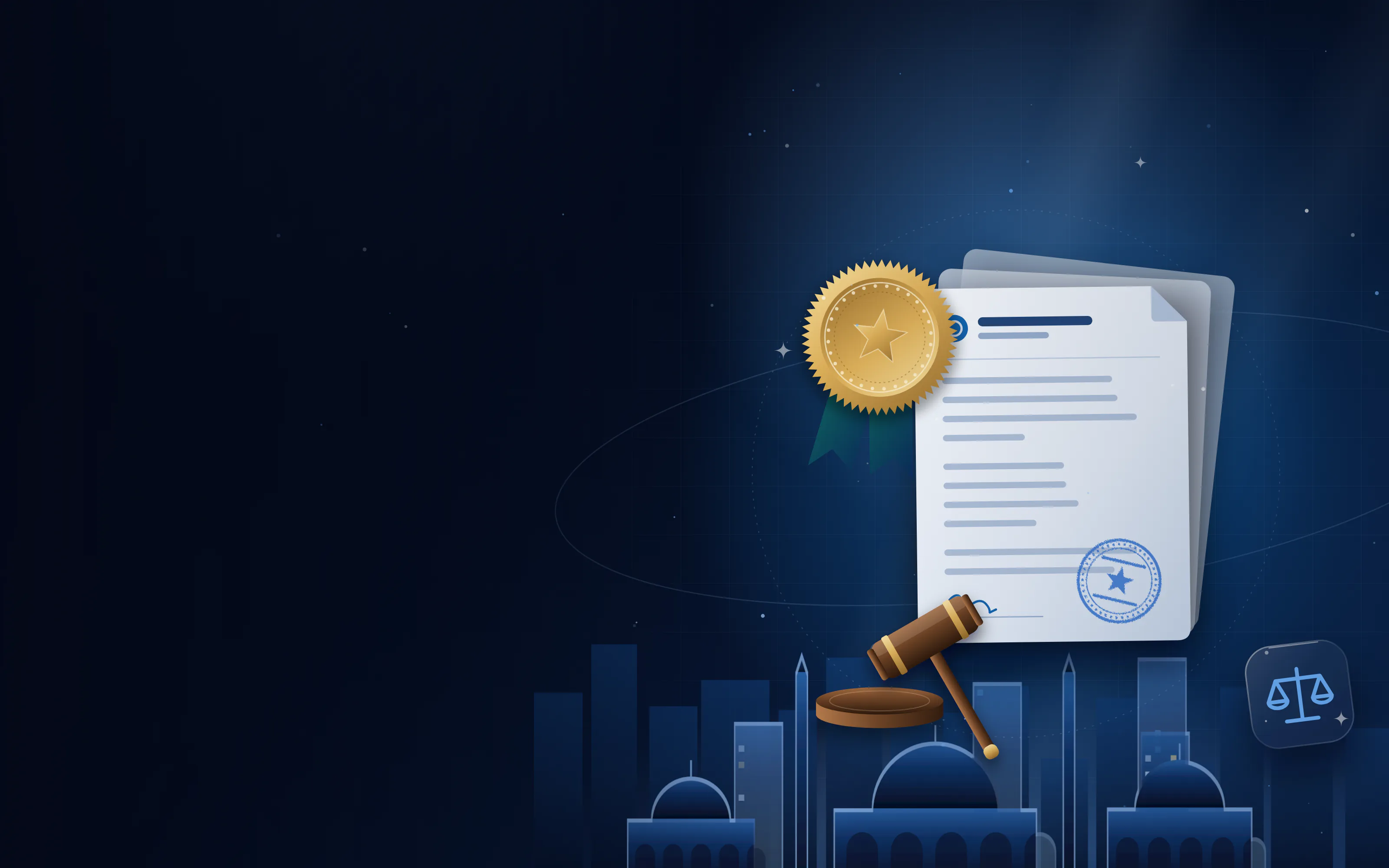 Stack of notarised documents with a large gold notary seal and gavel with the Sharjah skyline