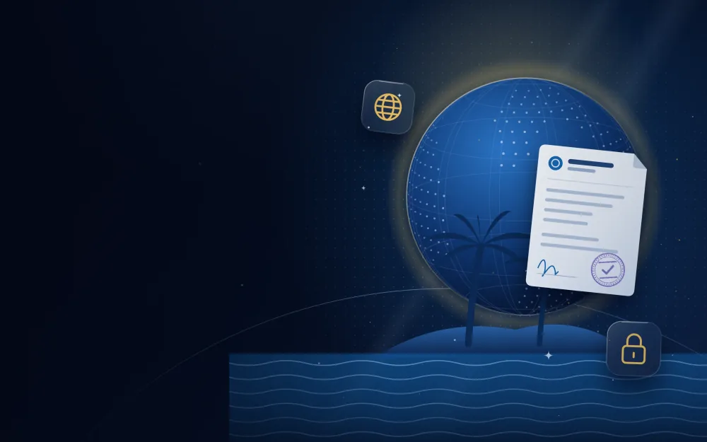 Offshore company documents beside a palm island, sea waves and a globe