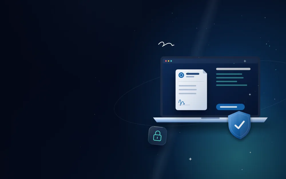 Laptop showing a document signed online with a secure verification shield
