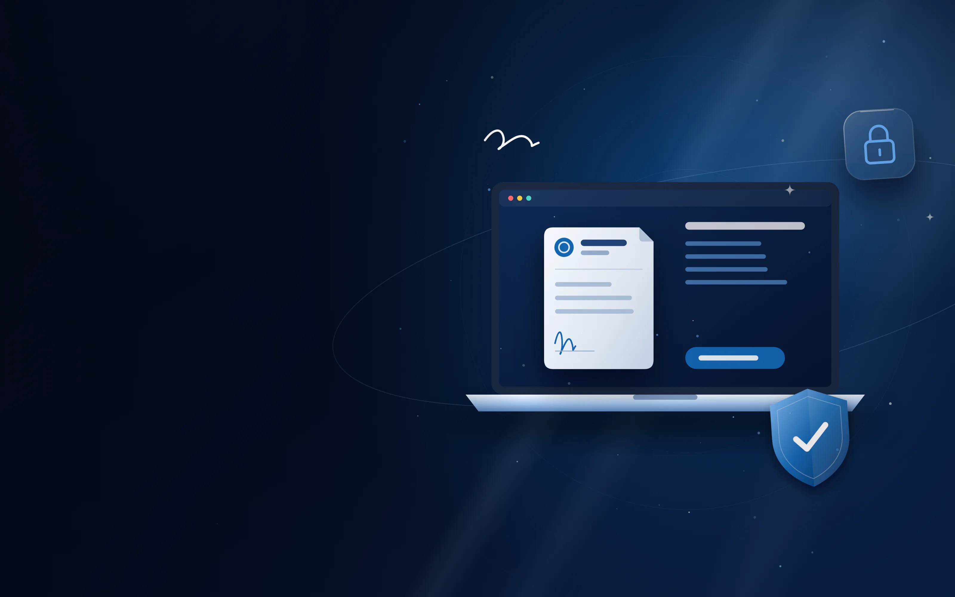 Laptop showing a document signed online with a secure verification shield