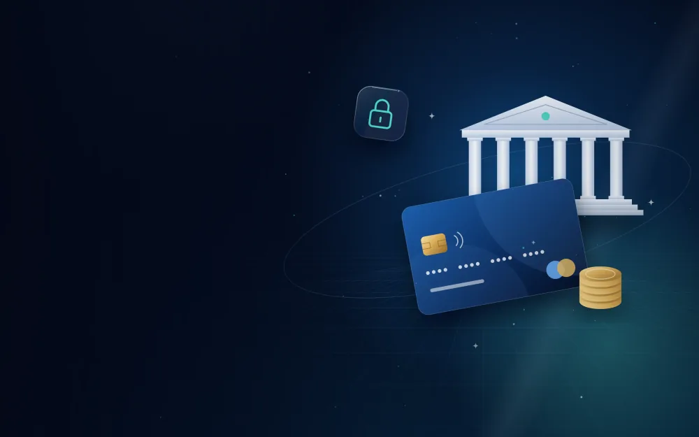 Company bank card with gold coins in front of a classical bank building