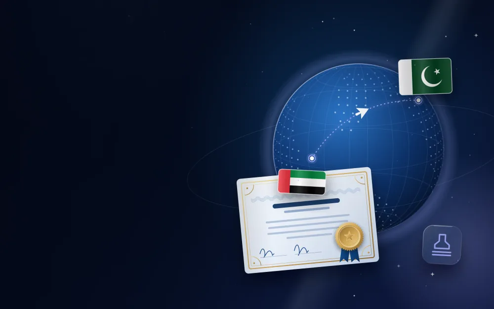 Globe with a route from Pakistan to the UAE, the flag of Pakistan and an attested certificate with a gold seal