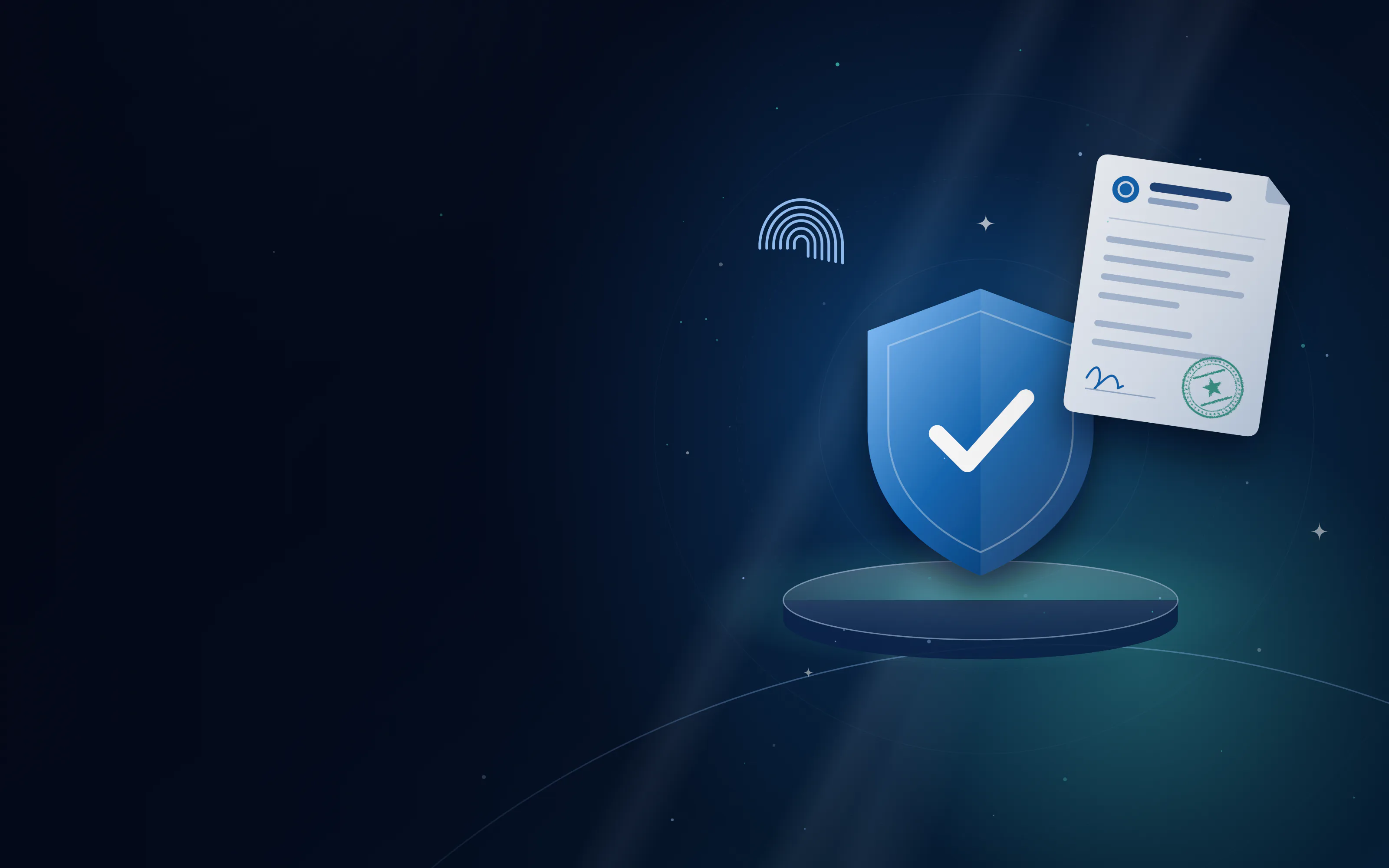 Blue shield with a check mark on a stand beside a clearance certificate and fingerprint