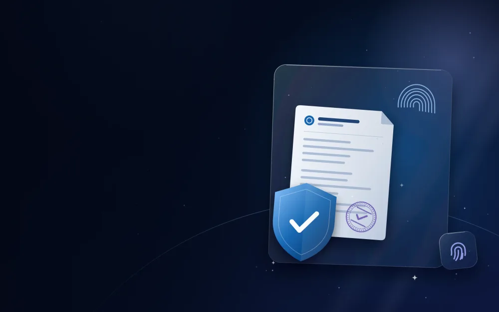 Good conduct certificate with a blue shield check mark and a fingerprint