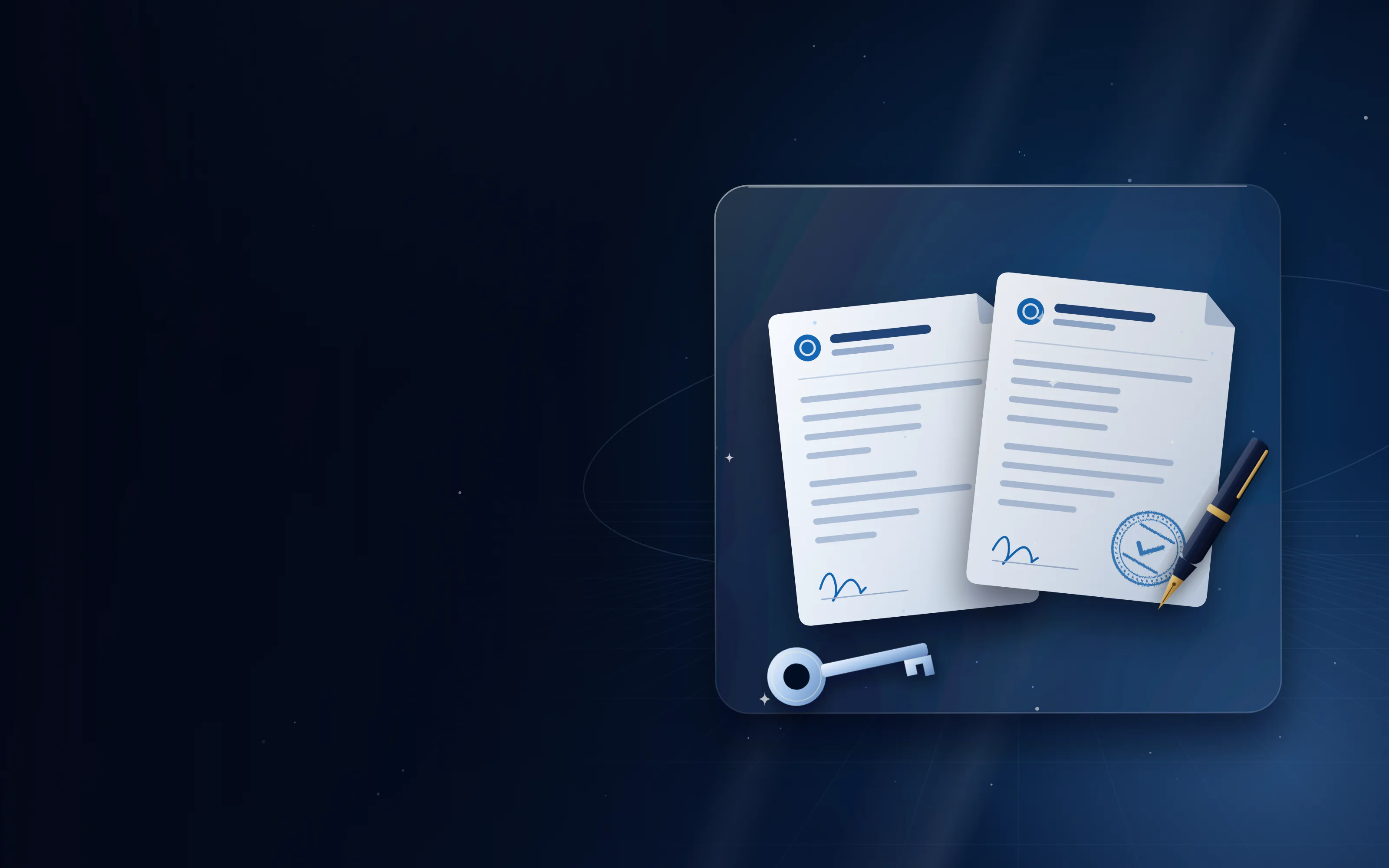 Two signed power of attorney pages with a silver key and fountain pen