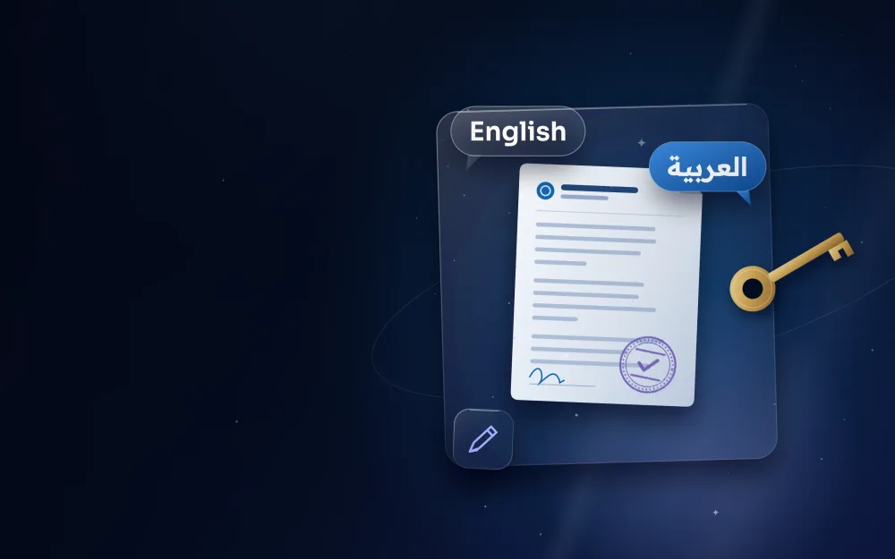 Translated power of attorney document with a golden key, stamp and English and Arabic speech bubbles