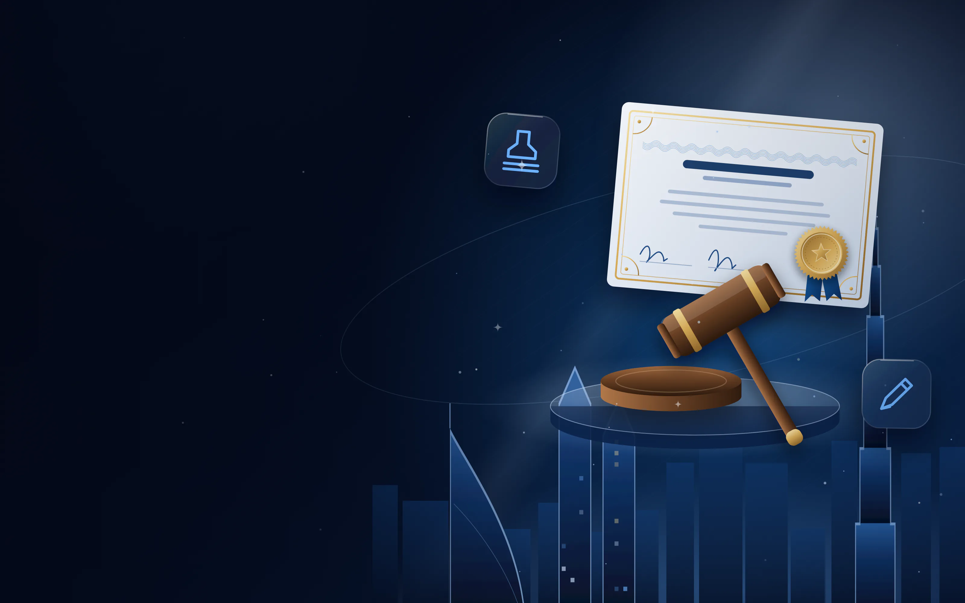 Wooden gavel on a display stand in front of a sealed certificate with the Dubai skyline