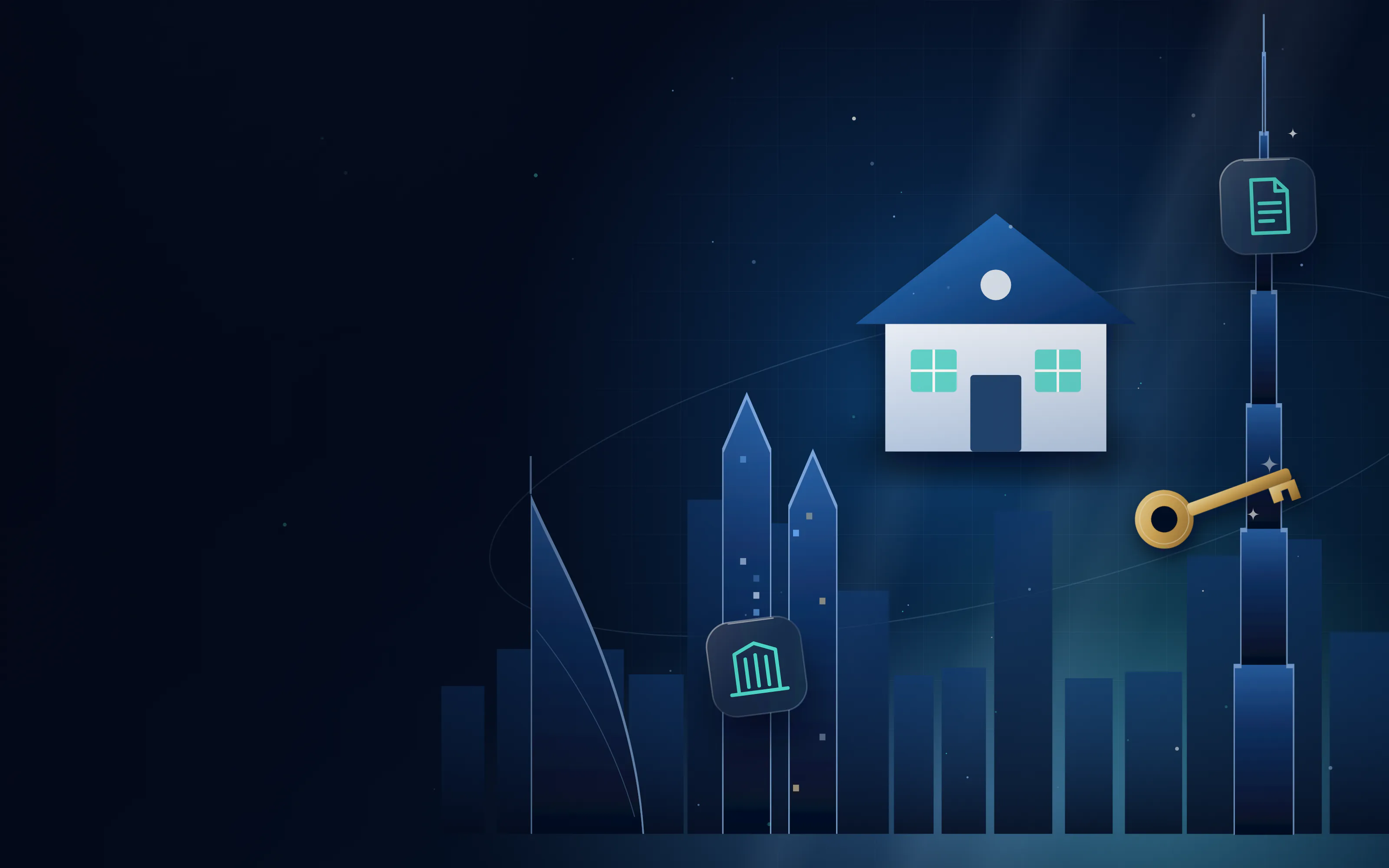 House model with a golden key in front of a city skyline for a real estate company