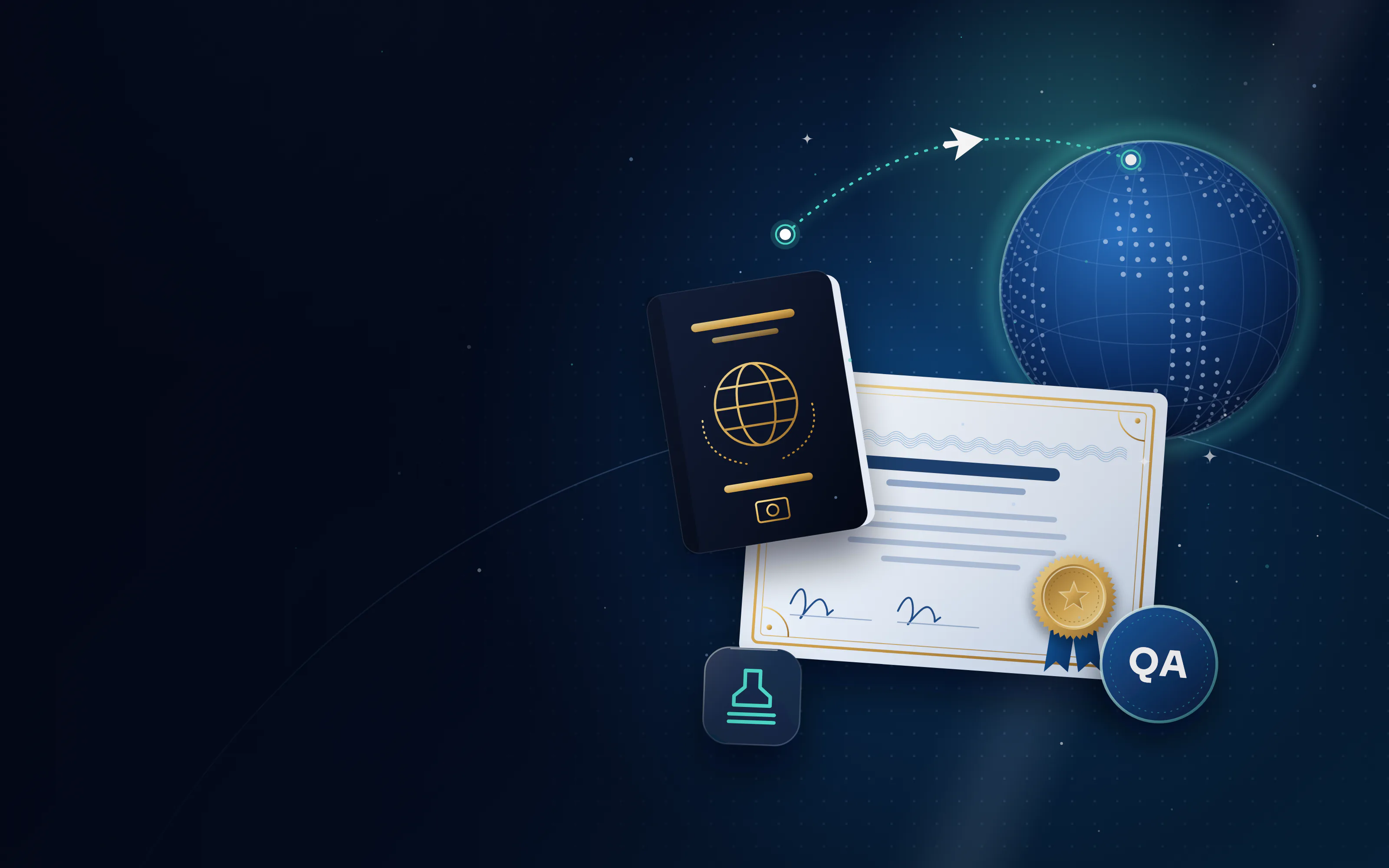 Passport and attested certificate with a QA badge for Qatar, a small globe and a flight route
