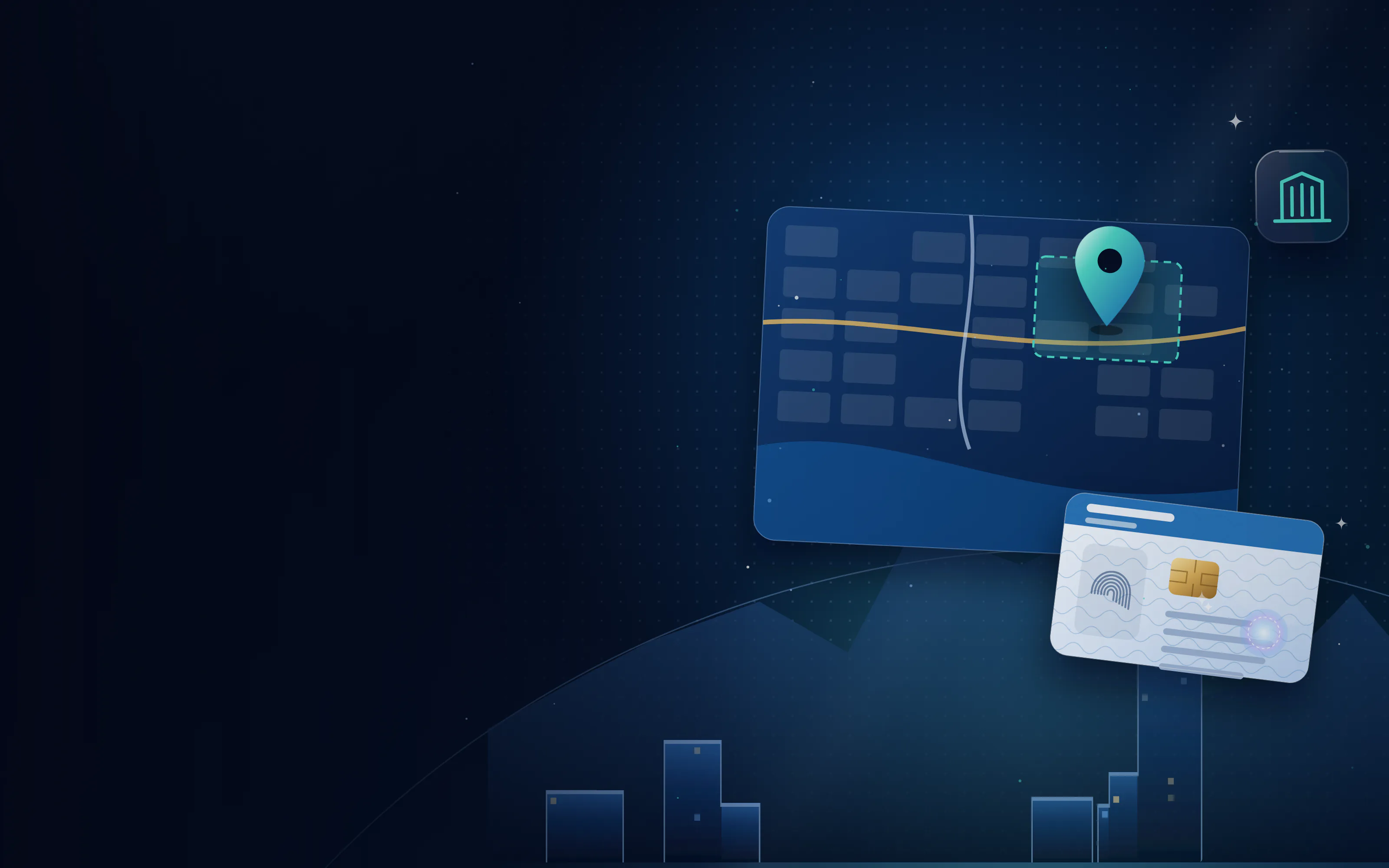 Stylised city map with a highlighted free zone plot, a location pin and a licence card