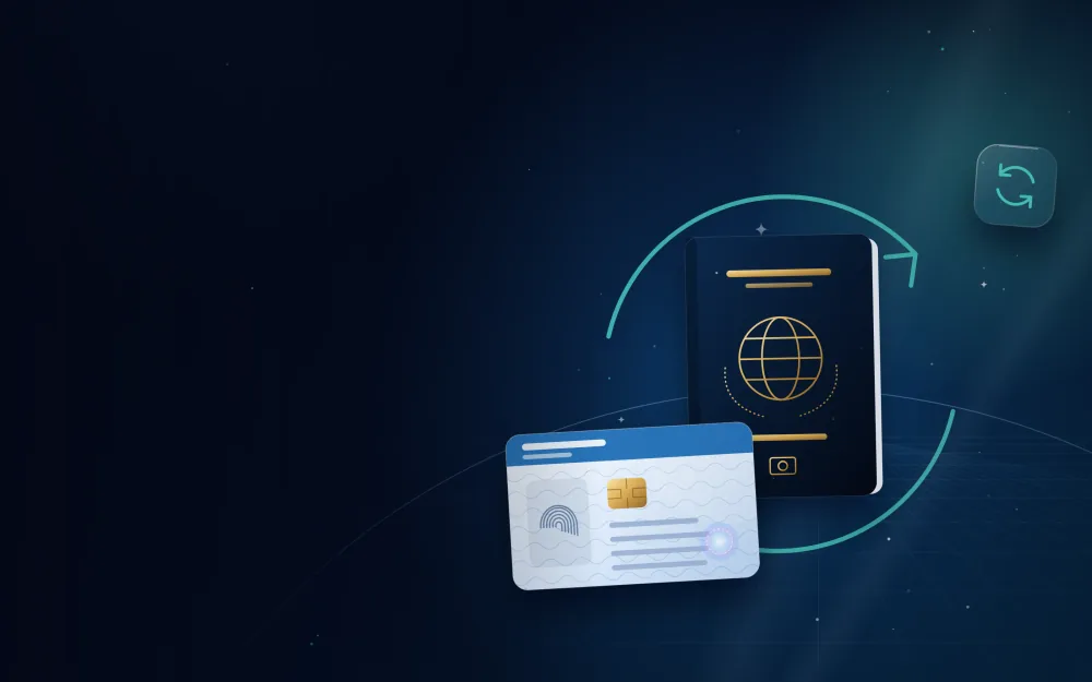 Passport and residence card circled by renewal arrows