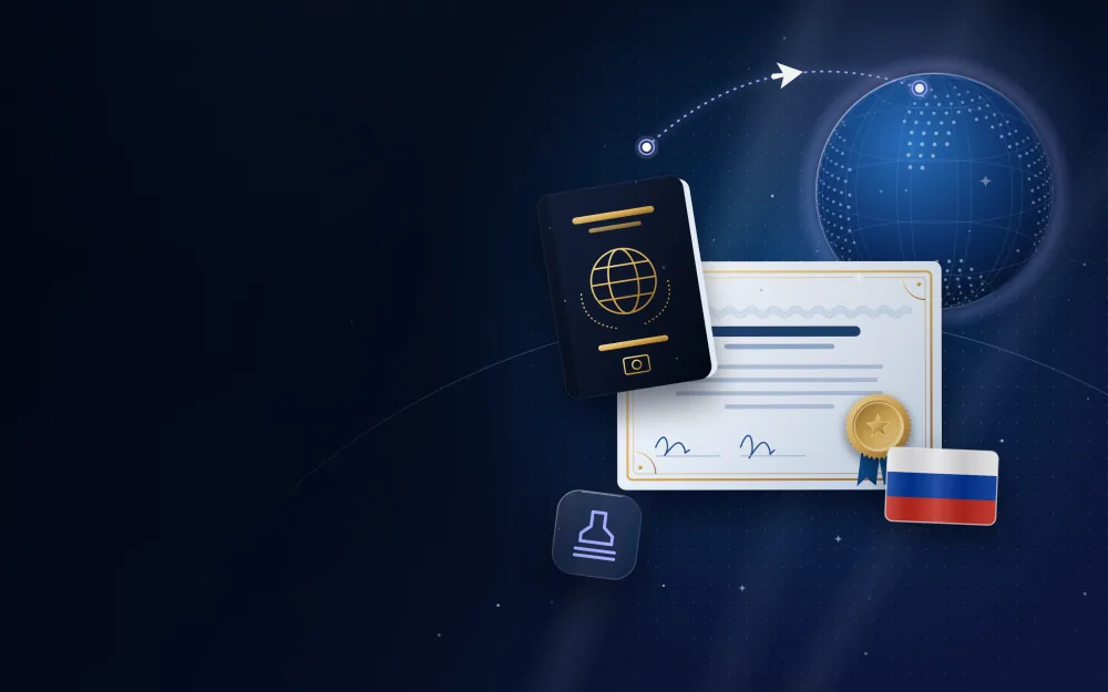 Passport and attested certificate with the flag of Russia, a small globe and a flight route